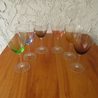 Vtg Sussmuth Crystal Wine Glasses Multicolored 5.  5 " Tall Hand Made Set Of 6,  Box