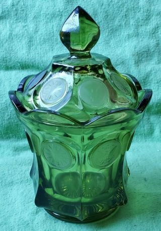 Fostoria Emerald Green Coin Glass Candy Dish With Lid