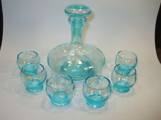 Vintage Aqua Blue Glass Decanter With Stopper 6 Cordials.  Made In Italy