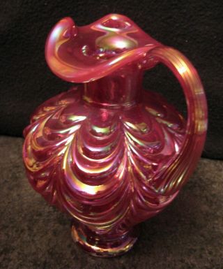 Fenton Glass Vase W Handle Cranberry Swirl / Drape Iridescent 7.  5 " Orig Sticker