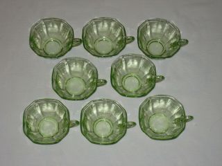 8 Princess Green Depression Glass Cups – Vg