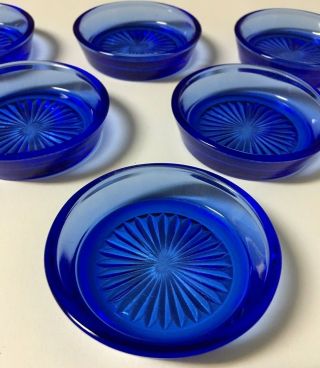 6 Vintage Cobalt Blue Glass Coasters 2 1/4 