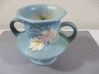 Vintage 1940 Cosmos Roseville Pottery Irs Flower Two Handle 4 " Blue Vase