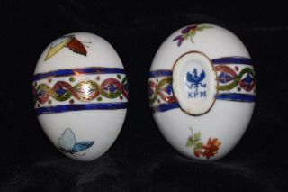 KPM Berlin Porcelain Egg Shaped Trinket Box - Butterflies - Blue Eagle Mark - 3.  25 