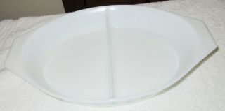 Vintage Pyrex 1.  5 QT White & Turquoise Snowflake Divided Casserole Dish & Lid 2