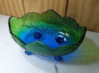 Vintage Blue Green Jeanette Glass Footed Candy Dish Grapes Vine Carnival (su)