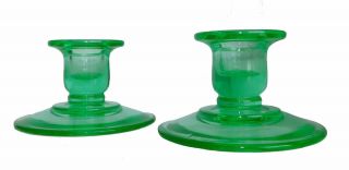 Vintage Elegant Vaseline Uranium Green Depression Glass Candle Holder Perfect 2