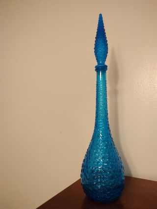 Vintage Mcm Empoli Italy Blue Art Glass Genie Bottle Bubble Glass Decanter
