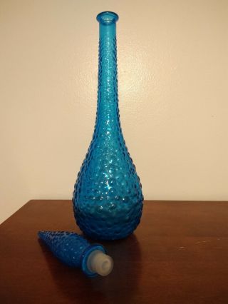 Vintage MCM Empoli Italy Blue Art Glass Genie Bottle Bubble glass Decanter 2