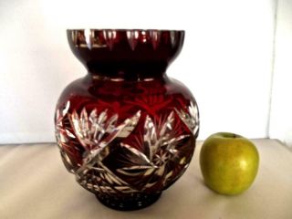 Vintage Bohemian Czech Art Glass Cut To Clear Red Ruby Crystal 7’’ Tall Vase