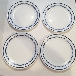 Corelle Classic Cafe Blue White Dinner Plates 10 1/4 " Set 4 Stripe Bands Rings