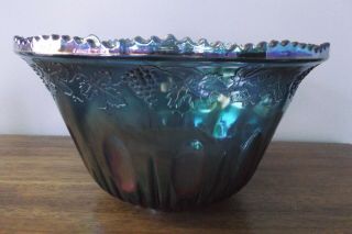 Vtg Indiana Glass Iridescent Blue Carnival Glass Punch Bowl Grape Pattern 12 "