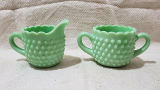Vintage Jadite Green Milk Glass Hobnail Sugar Bowl & Creamer