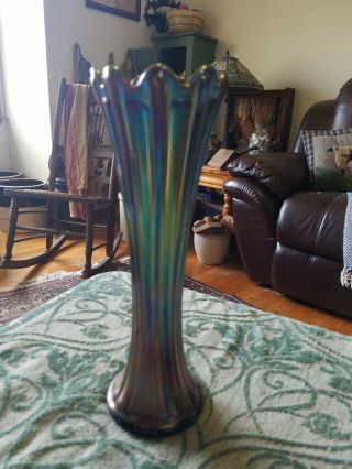 Vintage Fenton Iridescent Blue Amethyst Carnival Glass Fluted Ribbed Vase 11 "