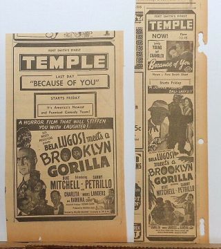 Two 1952 Newspaper Ads For Movie Bela Lugosi Meets A Brooklyn Gorilla