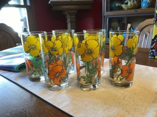 Vintage Libbey Orange Yellow Poppy Drinking Glasses 1960s Flowers Set Of 6