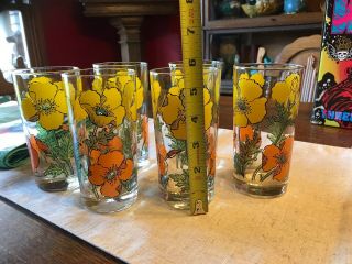 Vintage Libbey Orange Yellow Poppy Drinking Glasses 1960s Flowers Set Of 6 2