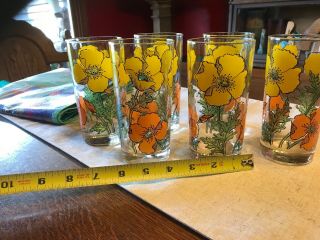 Vintage Libbey Orange Yellow Poppy Drinking Glasses 1960s Flowers Set Of 6 3