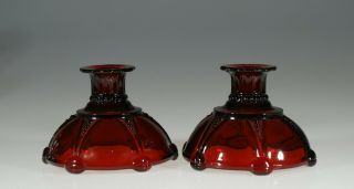 Vintage Hocking Glass Company Ruby Red Oyster & Pearl Candlesticks C.  1940