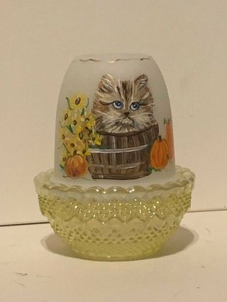 Mosser Glass 3 5/8 " Vaseline Fairy Light Glimmer Cat In Basket Ooak Rachelle