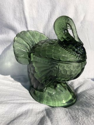 Rare Vintage L.  E.  Smith Pressed Glass Covered Turkey Dish Bowl Candy Green Euc