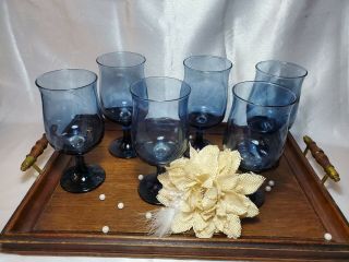 Vintage Libbey Dusky Blue Tulip Stemmed Glass Goblets (set Of 6)