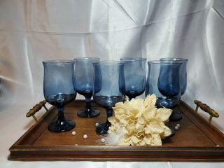Vintage Libbey Dusky Blue Tulip Stemmed Glass Goblets (Set of 6) 2