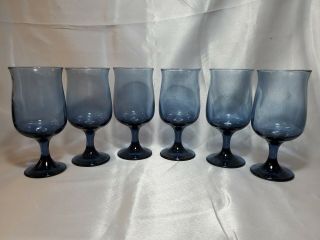 Vintage Libbey Dusky Blue Tulip Stemmed Glass Goblets (Set of 6) 3