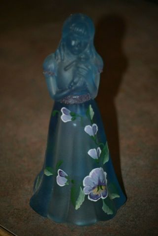 Vintage Fenton Glass Figurine Young Girl With Teddy Bear Blue Satin Hp Pansies