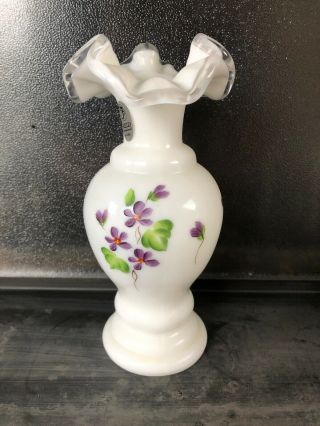 Fenton White Vase With Hand Painted Purple Flowers 2002