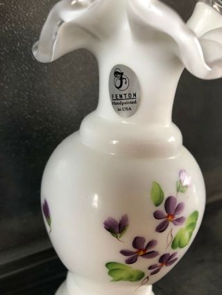 Fenton White Vase with Hand Painted Purple Flowers 2002 2