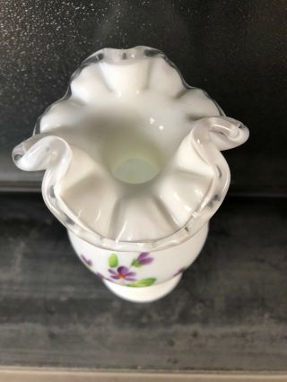 Fenton White Vase with Hand Painted Purple Flowers 2002 3