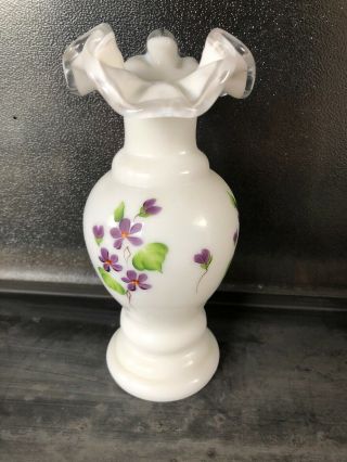 Fenton White Vase with Hand Painted Purple Flowers 2002 4