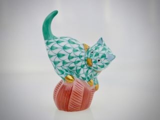 Herend Porcelain Figurine,  Green Fishnet Cat On Ball Of Yarn