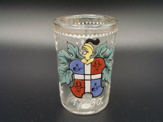 Rare Antique Bohemian Hand Blown Glass Enamel Heraldic Crest Tumbler Beaker 1730