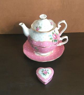 Royal Albert Vintage Cheeky Pink Tea For One 3 Piece Set - Tea Cup Saucer Teapot