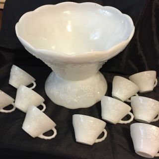 Vintage Anchor Hocking Milk Glass 2 Pc Punch Bowl With 10 Cups