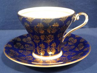 Aynsley Bone China Cobalt Blue W/ Gold Floral Filigree Tea Cup And,  Saucer Set
