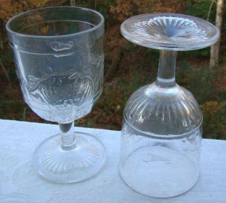2 - - C1888 Eapg American Pattern Glass Goblet Wine Hummingbird Bird & Fern