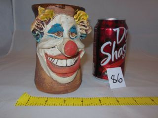 Vintage Stoneware Pottery Clay 3d Funny Colorful Clown Face Striaght Mug Stein
