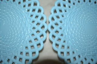 Antique Victorian Sowerby Blue Milk Glass Basketweave Plates,  8 1/2 In