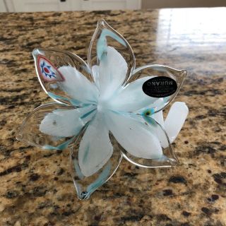 Murano Flower Art Glass Sculpture Light Blue Italy Hand Blown Gift Millefiori
