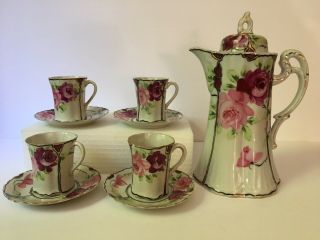 Nippon China Je - Oh Hand Painted Chocolate Pot W/ 4 Cups & Saucers Roses