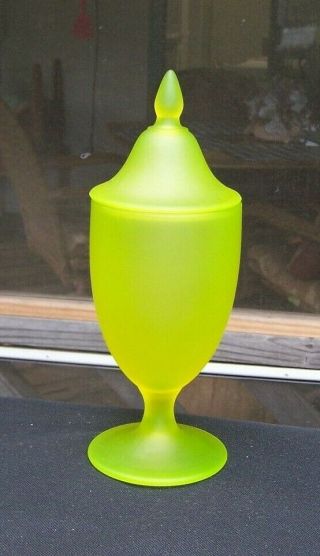 Vintage Green Vaseline Glass Lidded Pedestal Apothecary Candy Jar