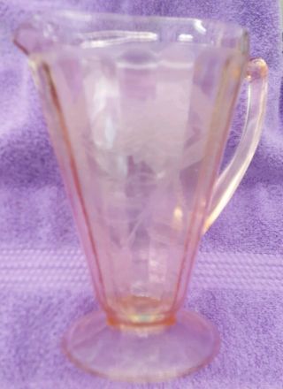 Depression Jeanette Glass Co.  Pink " Poinsettia " Lemonade Footed Pitcher 8 Inch