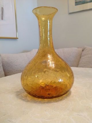 Large Amber / Gold Crackle Glass Blenko Vase With Sticker.
