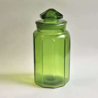 Lg 11” Le Smith Vtg Canister Green Glass Candy Apothecary Jar Ground Lid Panel