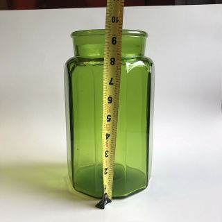 Lg 11” LE Smith VTG Canister Green Glass Candy Apothecary Jar Ground Lid Panel 7