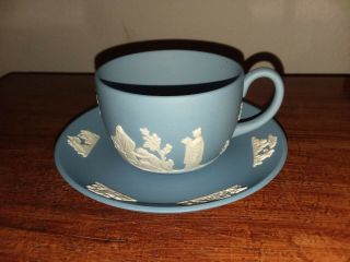 Vintage Wedgwood Blue Jasperware Cup And Saucer Raised Greek Scenes