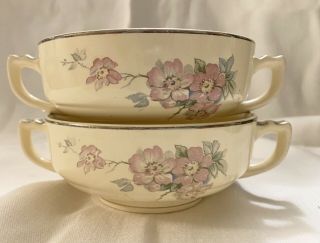 Vintage Homer Laughlin Briar Rose 2 Cream Soup Bowls Platinum Trim Art Deco 30s